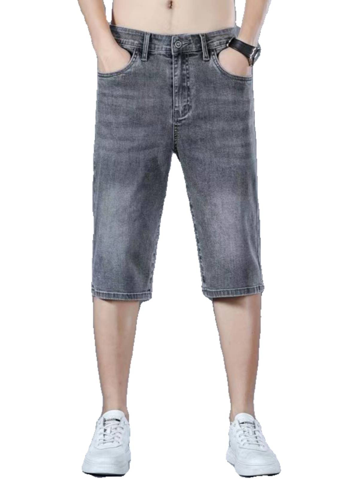 Summer thin denim seven -point shorts men's elasticity over knee -knee pants men's Chinese embroidery outside pants