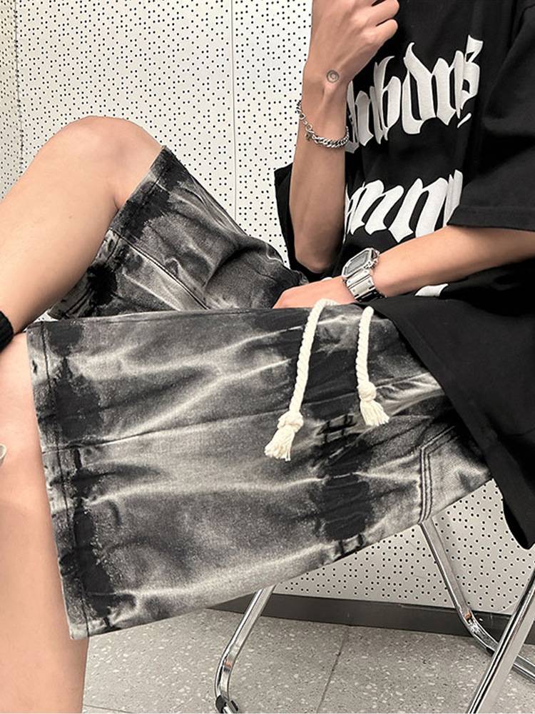 Tide brand tie dye denim shorts men's summer American trendy water washing retro loose penta pants loose waist pants