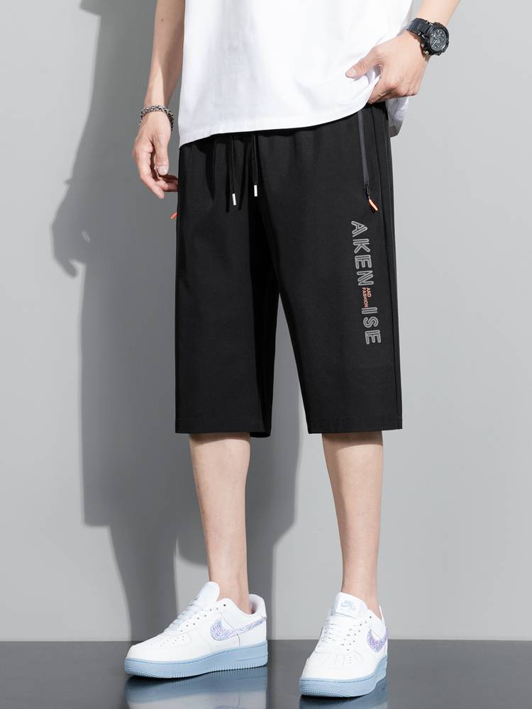 Pure color cropped pants men's summer sports shorts thin middle pants large -size casual horse pants trendy fast dry pants men