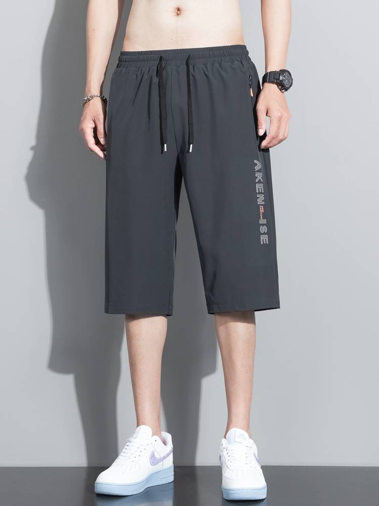 Pure color cropped pants men's summer sports shorts thin middle pants large -size casual horse pants trendy fast dry pants men
