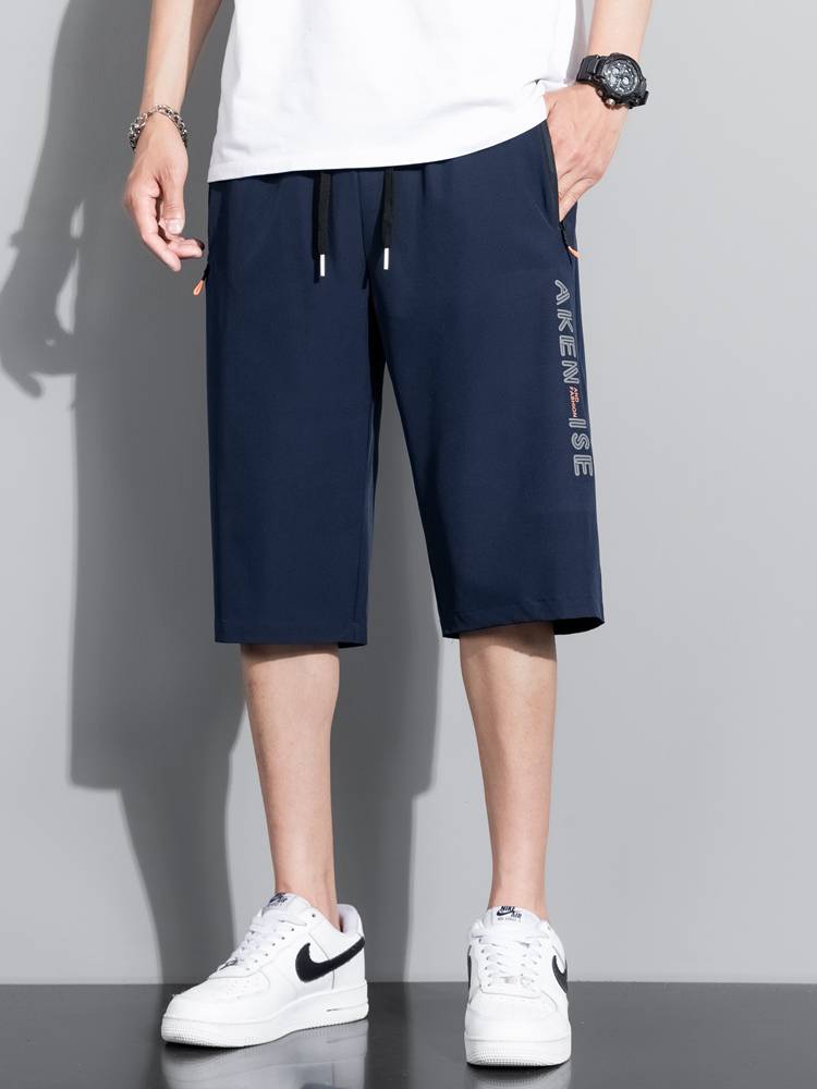 Pure color cropped pants men's summer sports shorts thin middle pants large -size casual horse pants trendy fast dry pants men