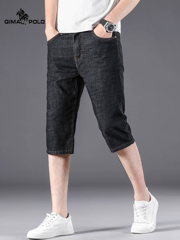 Paul in thin denim denim shorts, men's cropped pants loose middle -aged horse pants casual men over knee pants