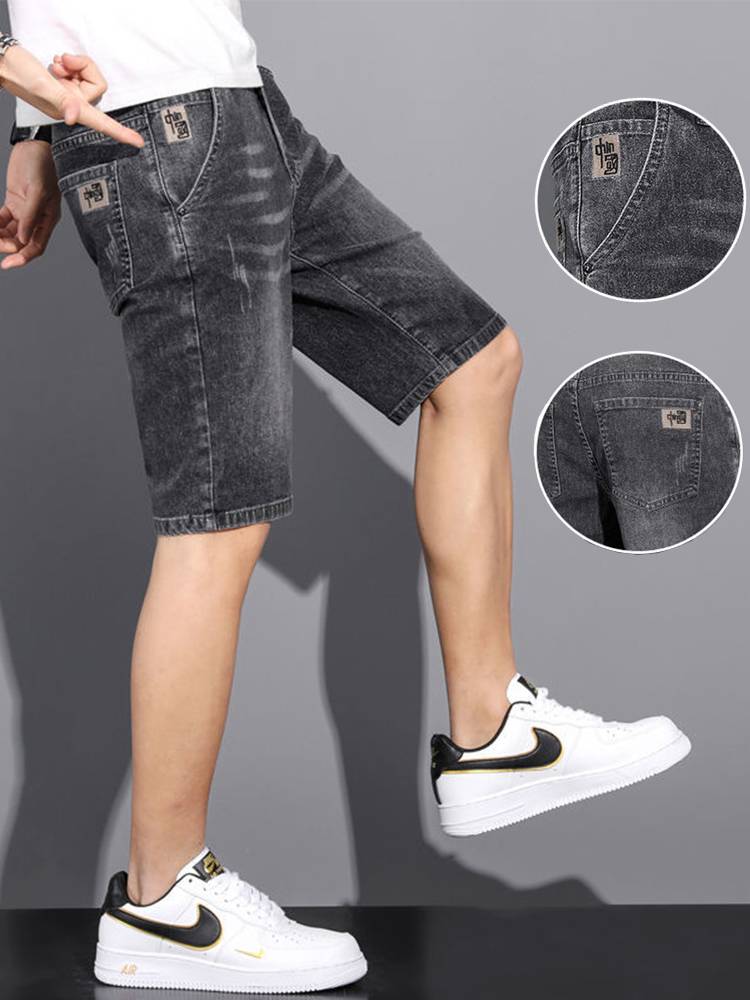 2024 Summer new thin denim shorts men's five -point elastic pants embroidered horse pants trendy youth 5 points loose