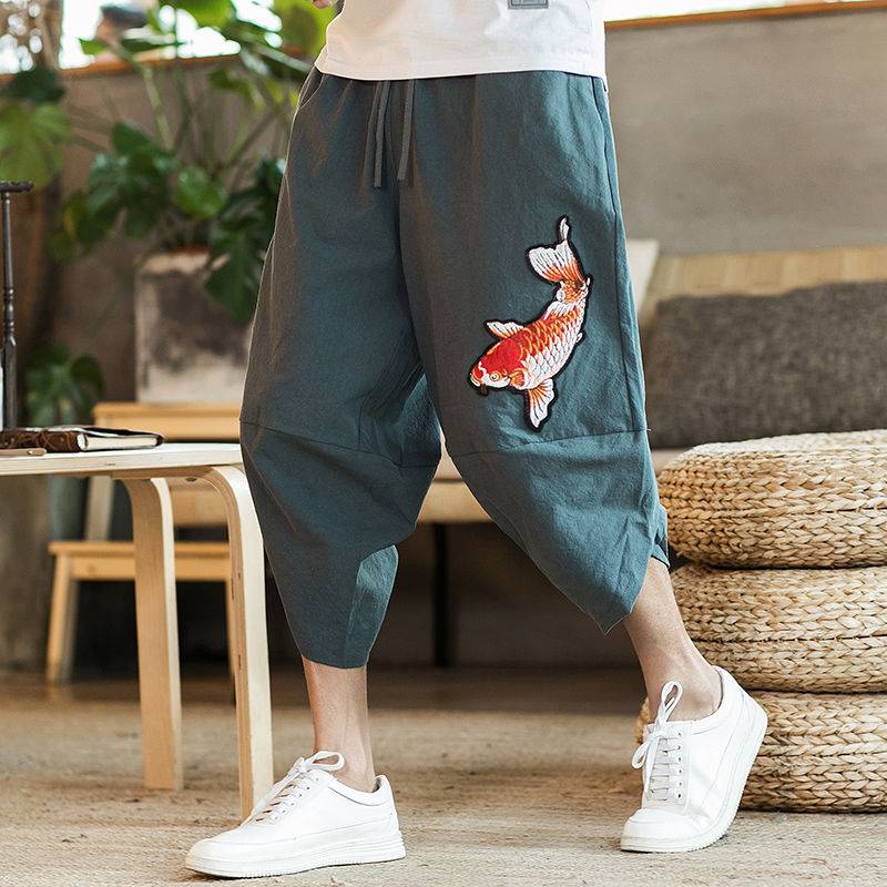 Chinese style casual pants, cropped pants hip -hip pants trend men's summer loose nine -point large -size horse pants shorts