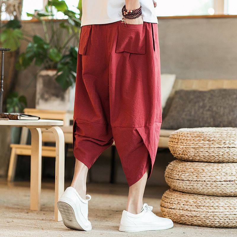 Chinese style casual pants, cropped pants hip -hip pants trend men's summer loose nine -point large -size horse pants shorts