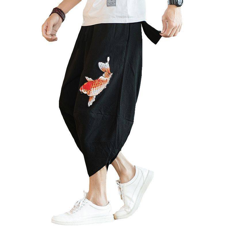 Chinese style casual pants, cropped pants hip -hip pants trend men's summer loose nine -point large -size horse pants shorts