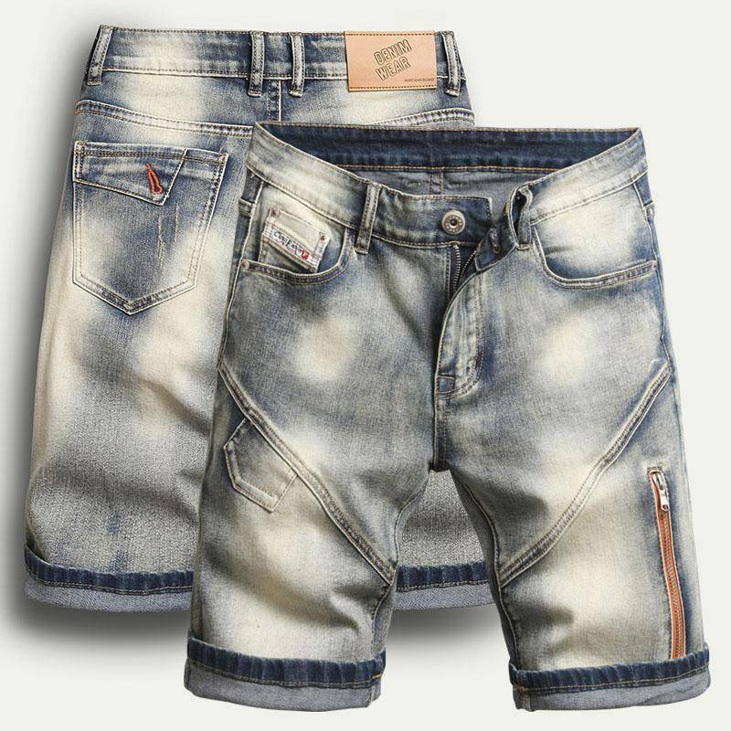 Denim shorts men's pants pants elastic slim foot zipper 2024 new tide brand horse pants pregnant old pants