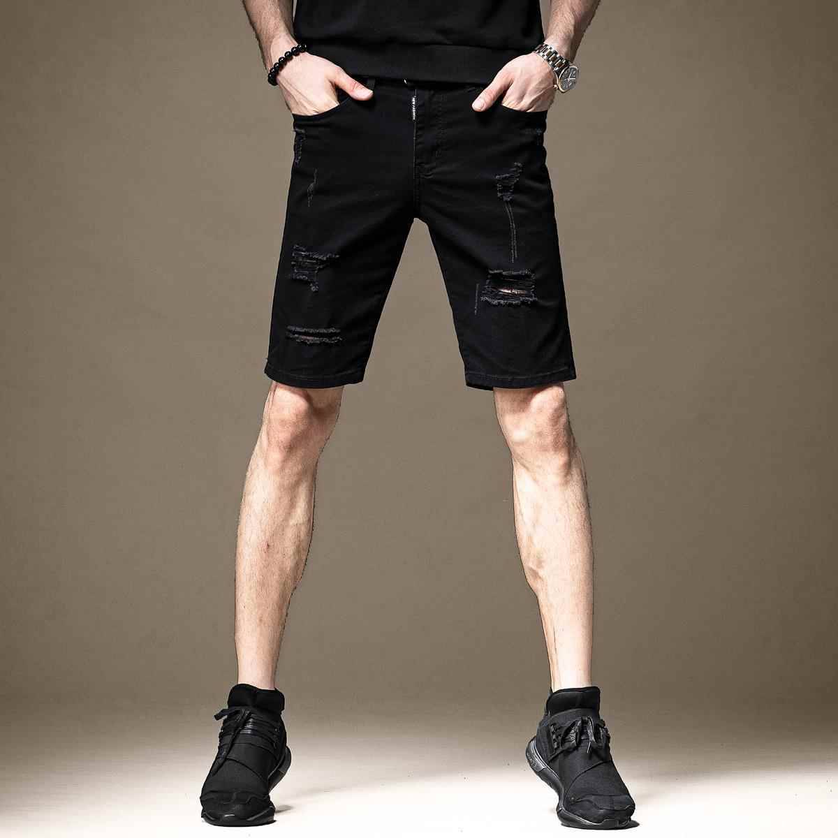 Summer thin high -end high -end black cave denim shorts men's Korean tide brand slim horse pants penta pants men
