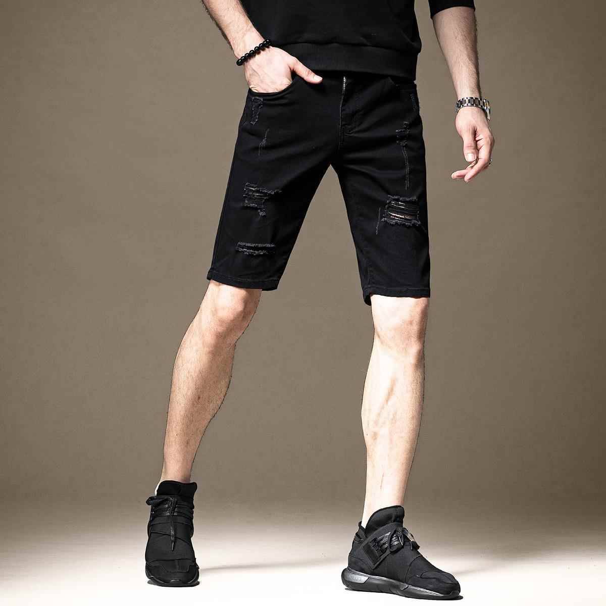 Summer thin high -end high -end black cave denim shorts men's Korean tide brand slim horse pants penta pants men