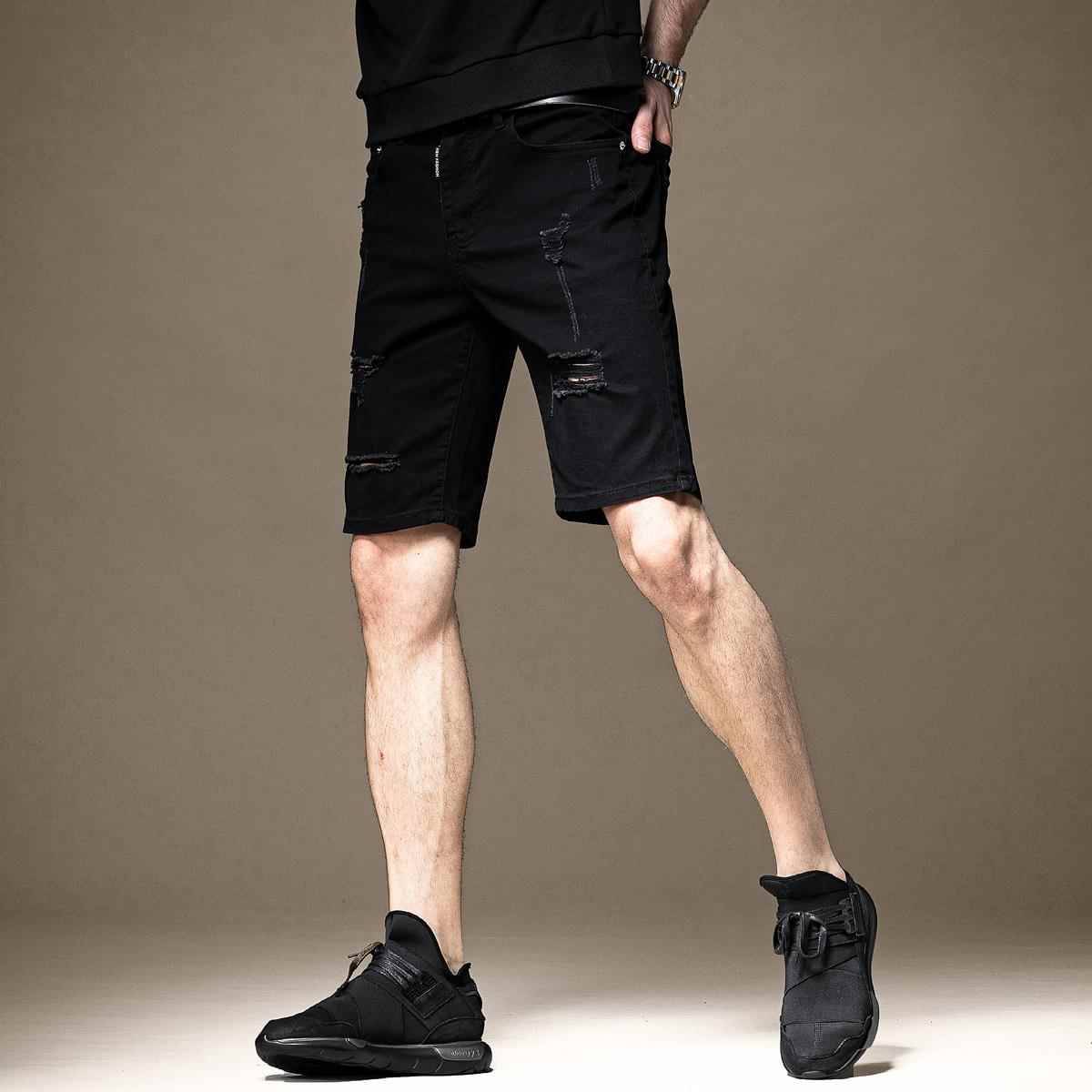 Summer thin high -end high -end black cave denim shorts men's Korean tide brand slim horse pants penta pants men