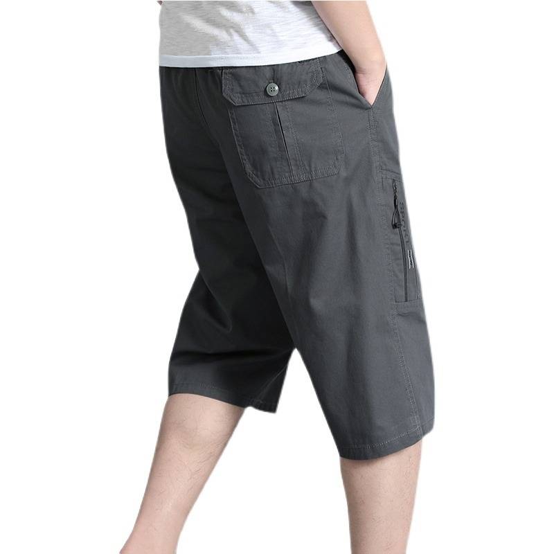 Summer men's cropped pants dad dad pure cotton shorts middle -aged and elderly loose casual mid -pants thin pants 7 points horse pants