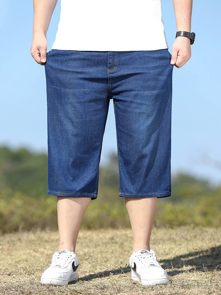 Summer thin denim short pants male loose wide -leg pants pants elastic high waist deep crotch middle 7 points middle pants horse pants
