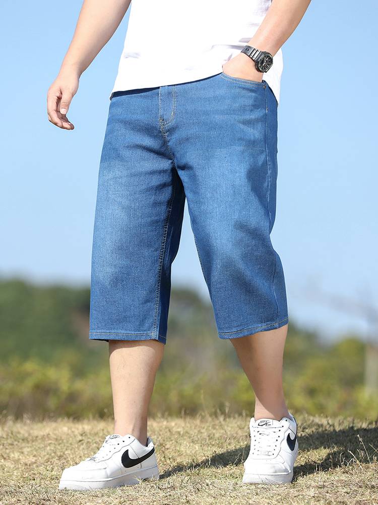 Summer thin denim short pants male loose wide -leg pants pants elastic high waist deep crotch middle 7 points middle pants horse pants