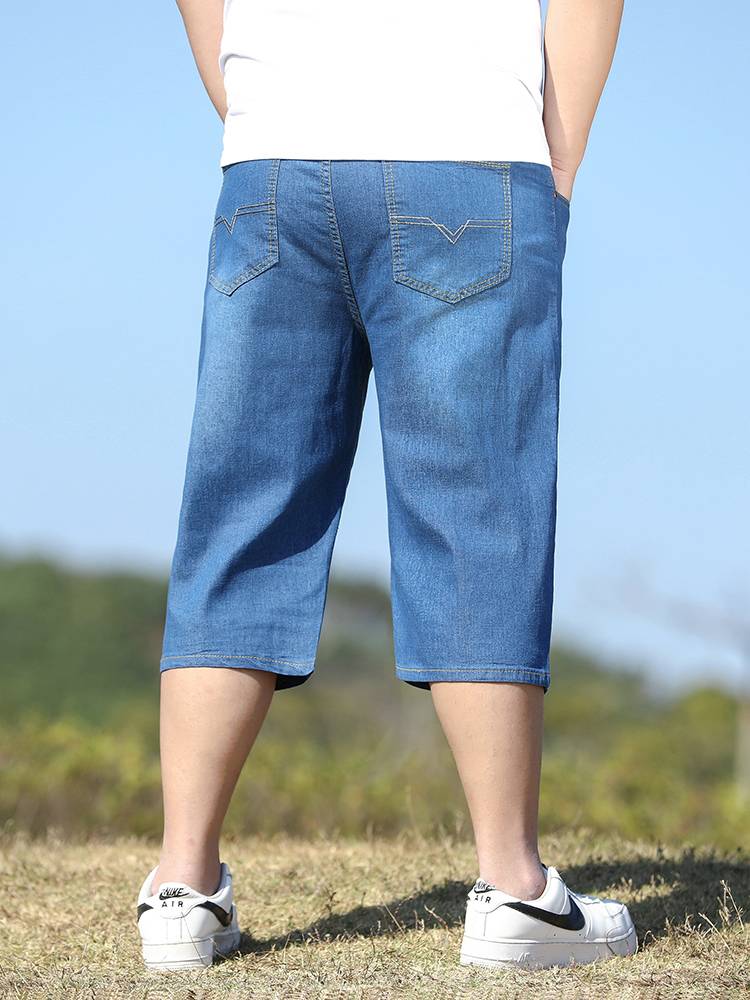 Summer thin denim short pants male loose wide -leg pants pants elastic high waist deep crotch middle 7 points middle pants horse pants