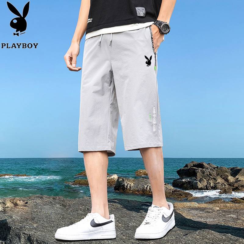 Huahua Gongzi Summer Ice Silk shorts Men's thin -breathable -drying sports cropped pants loose large -size straight tube horse pants