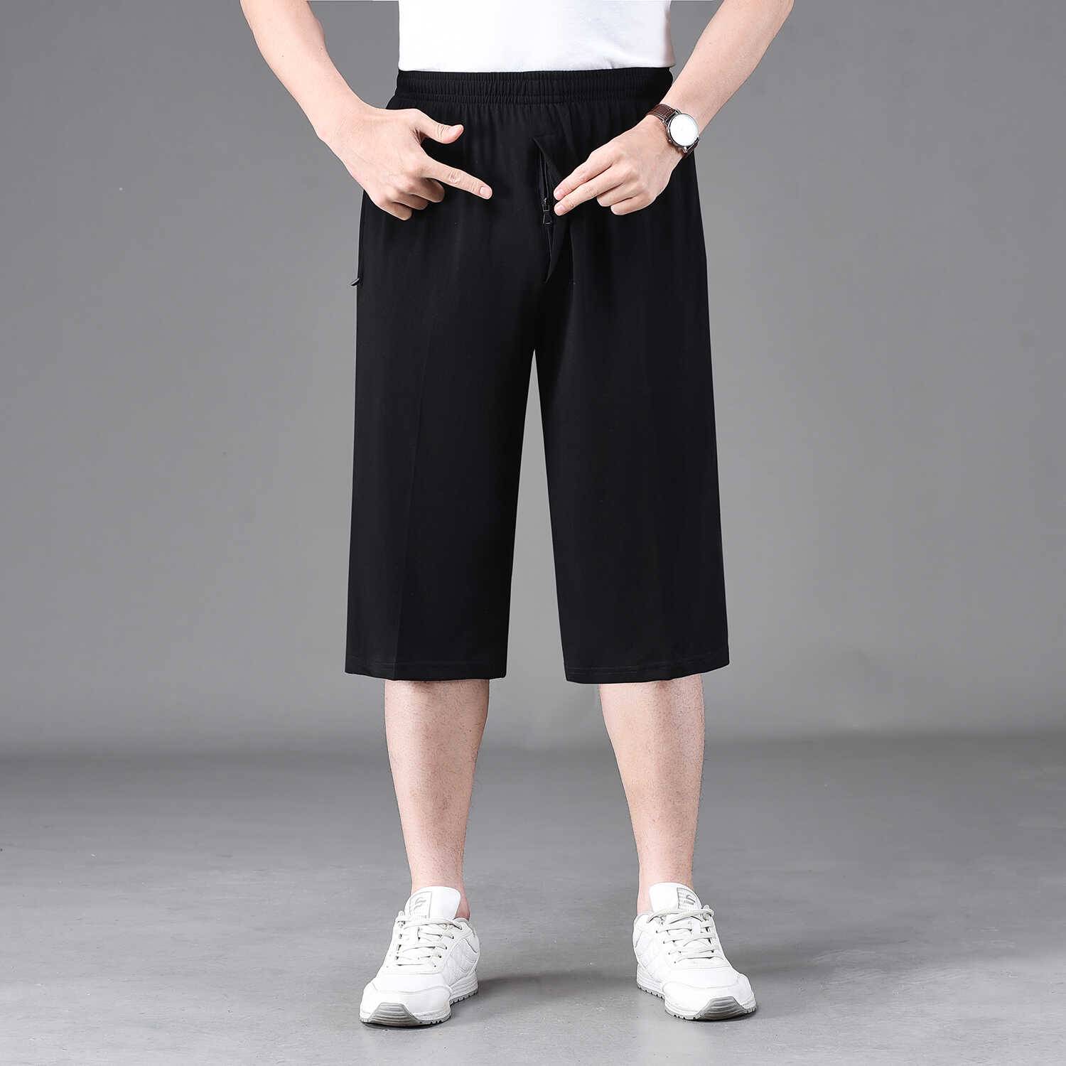 Summer thin, middle -aged and elderly cropped pants, men's cotton front placket zipper shorts, large size 7 -point horse pants casual pants