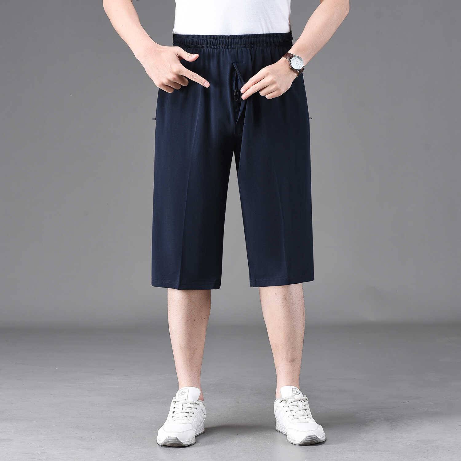 Summer thin, middle -aged and elderly cropped pants, men's cotton front placket zipper shorts, large size 7 -point horse pants casual pants