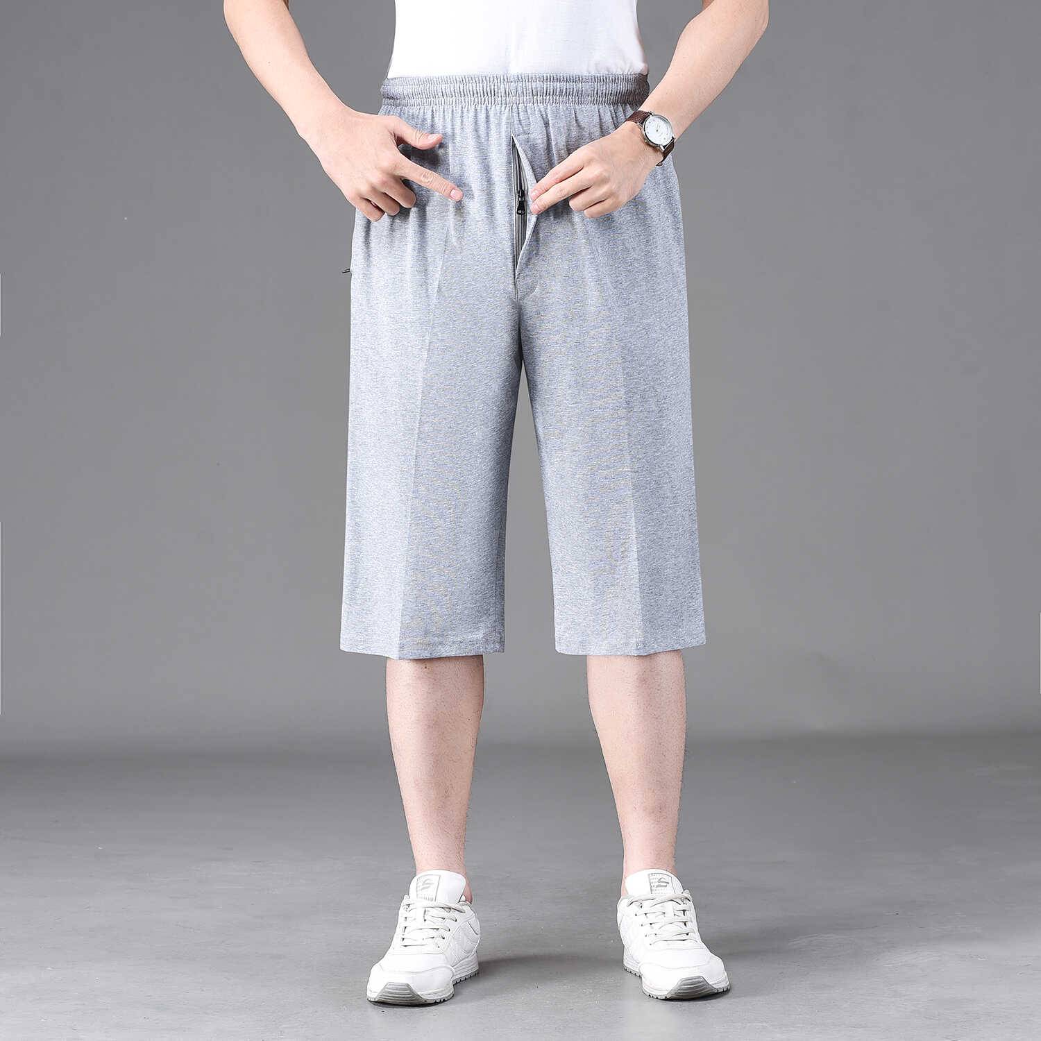Summer thin, middle -aged and elderly cropped pants, men's cotton front placket zipper shorts, large size 7 -point horse pants casual pants