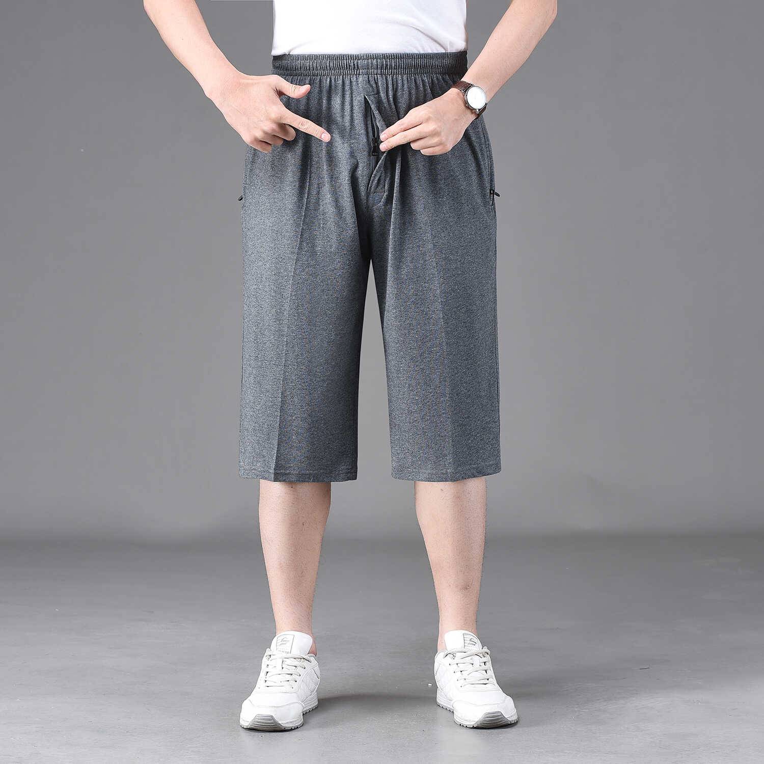 Summer thin, middle -aged and elderly cropped pants, men's cotton front placket zipper shorts, large size 7 -point horse pants casual pants