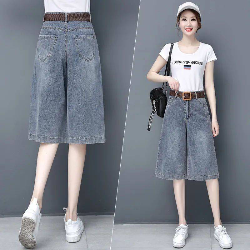 Seven -point wide -leg pants 2024 explosion ladies, pants and pants, summer high waist loose, drooping five -point pants jeans