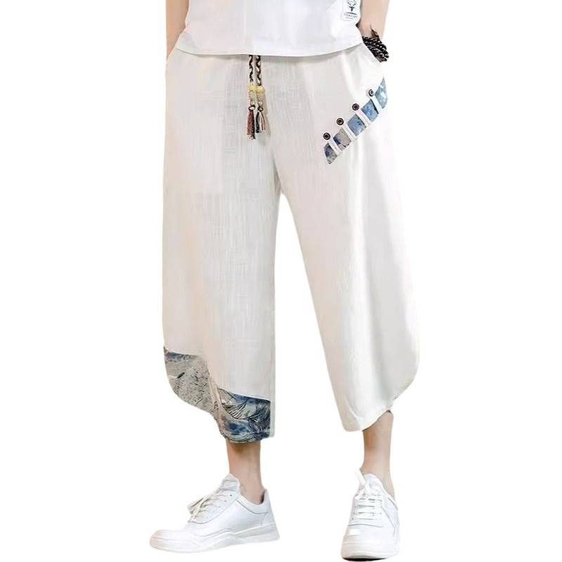 Chinese style linseed pants men's summer thin out -out pants sports casual loose cotton and linen eight -meter shorts