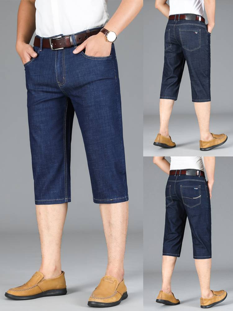 Summer seven denim shorts, men's ice silk ultra -thin loose straight pants pants elastic tide brand half pants casual pants