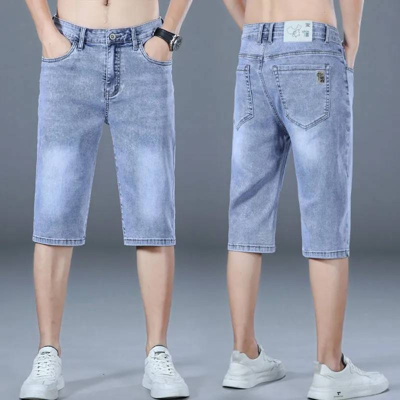 Elastic denim shorts men's cropped pants summer thin models, trend wild embroidery 7 points, pants soft pants summer