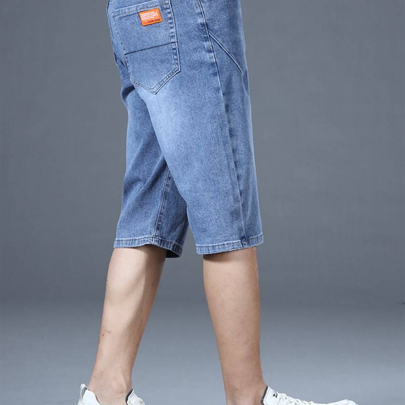 Summer thin cropped jeans denim shorts men's loose men's casual horse pants elastic pants 2023 new models