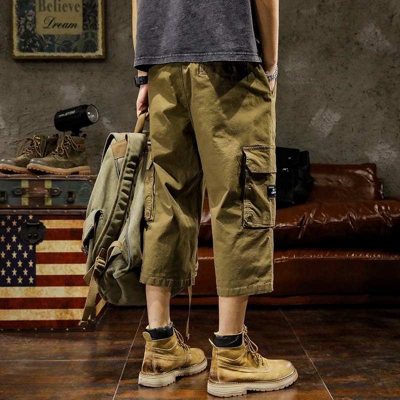 New product American tide brand dressing cropped pants men's V Shima pants loose large size summer boys leisure 7 points shorts eight
