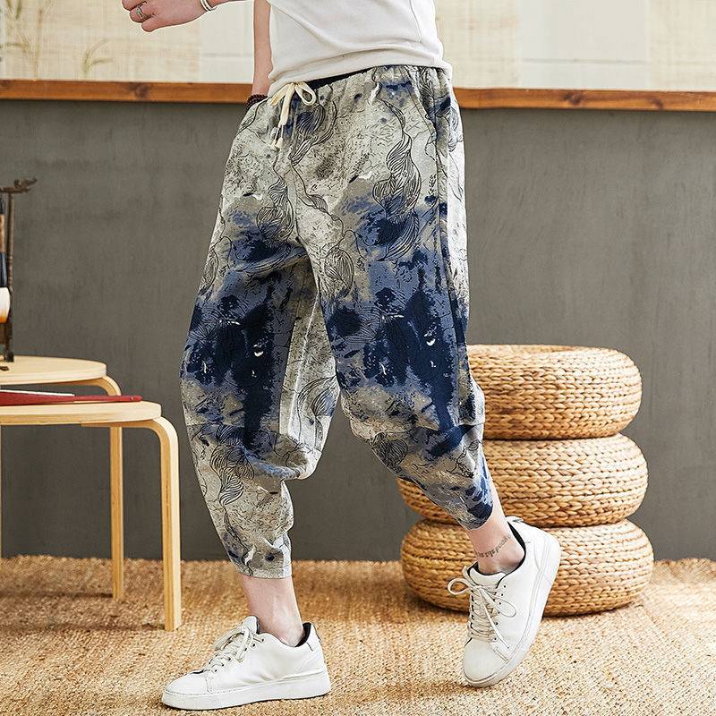 Summer men's shorts men's casual loose trend sports Harun cropped pants men's large size flower pants men's pants