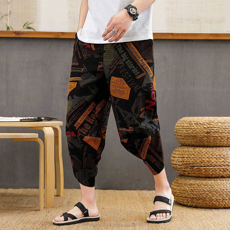 Summer men's shorts men's casual loose trend sports Harun cropped pants men's large size flower pants men's pants
