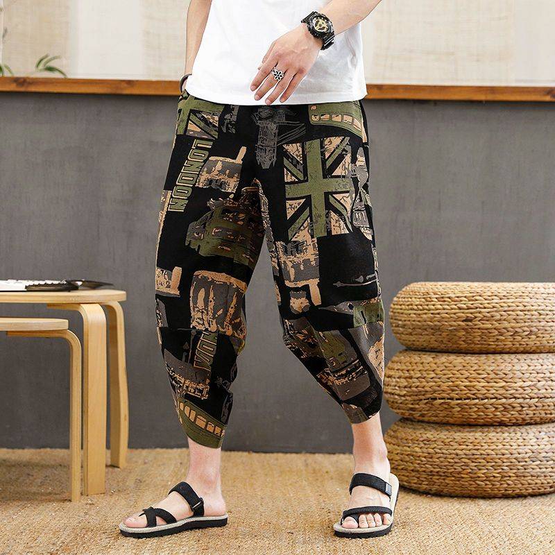 Summer men's shorts men's casual loose trend sports Harun cropped pants men's large size flower pants men's pants