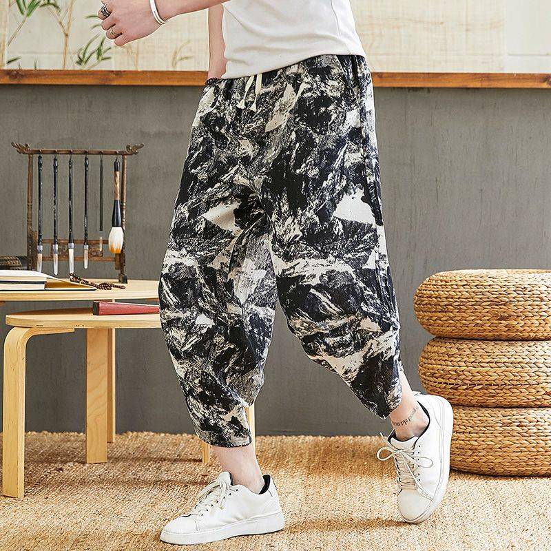 Summer men's shorts men's casual loose trend sports Harun cropped pants men's large size flower pants men's pants