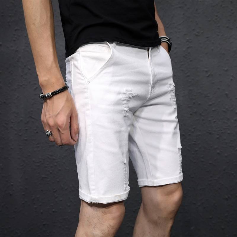 Summer white cave denim shorts men's pants pants Korean version trend loose and elastic 5 points casual horse pants men's tide