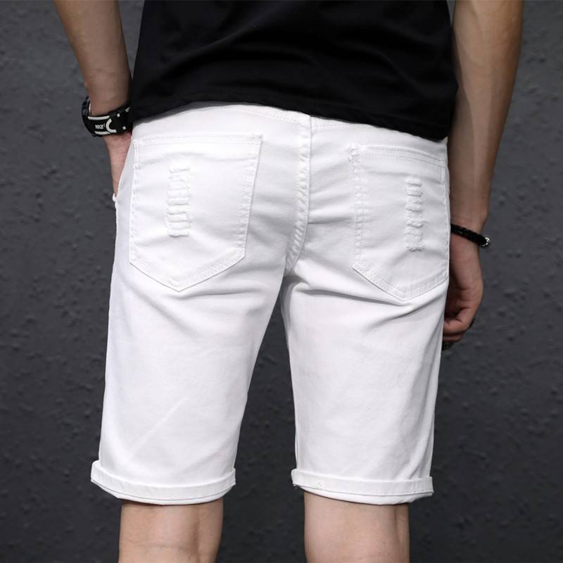 Summer white cave denim shorts men's pants pants Korean version trend loose and elastic 5 points casual horse pants men's tide
