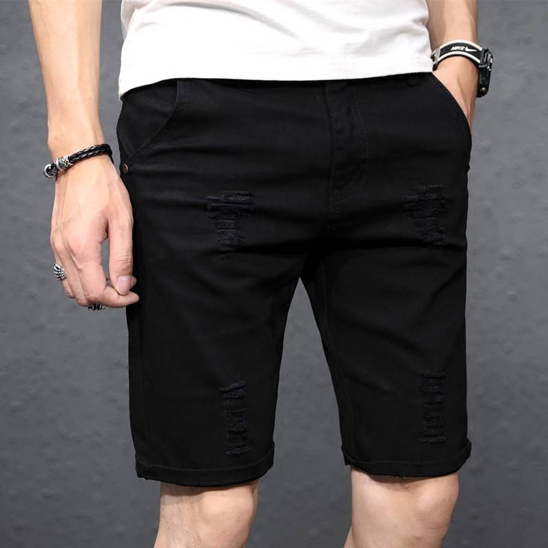 Summer white cave denim shorts men's pants pants Korean version trend loose and elastic 5 points casual horse pants men's tide