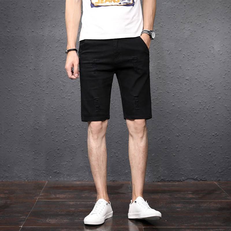 Summer white cave denim shorts men's pants pants Korean version trend loose and elastic 5 points casual horse pants men's tide