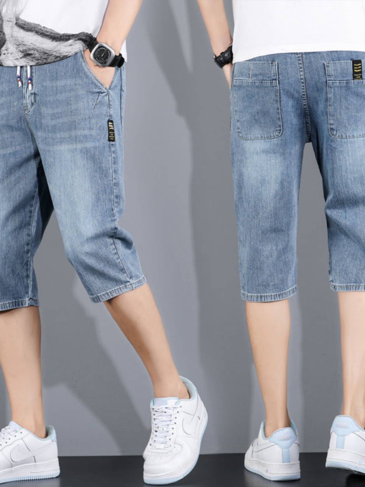 Denim shorts men's summer thin large size straight tube seven -point pants trend casual men's over -knee pants and pants