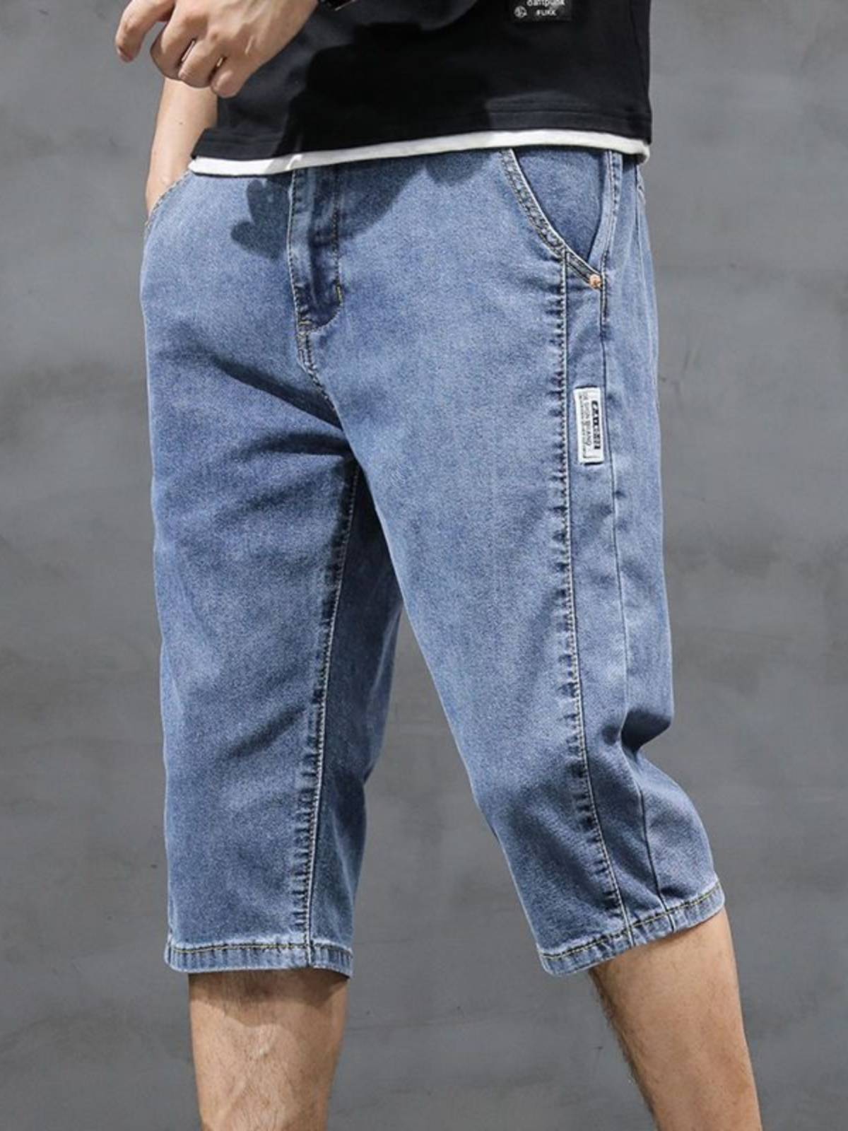 Summer thin blue men's loose straight tube seven -point denim shorts casual trendy youth stitching semi -horse pants