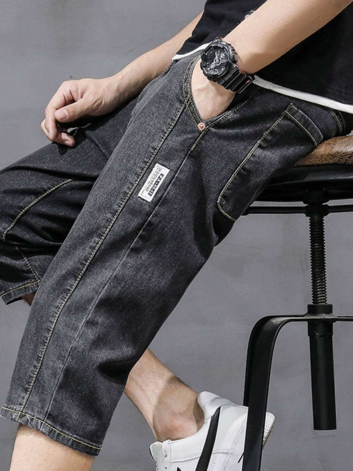Summer thin blue men's loose straight tube seven -point denim shorts casual trendy youth stitching semi -horse pants