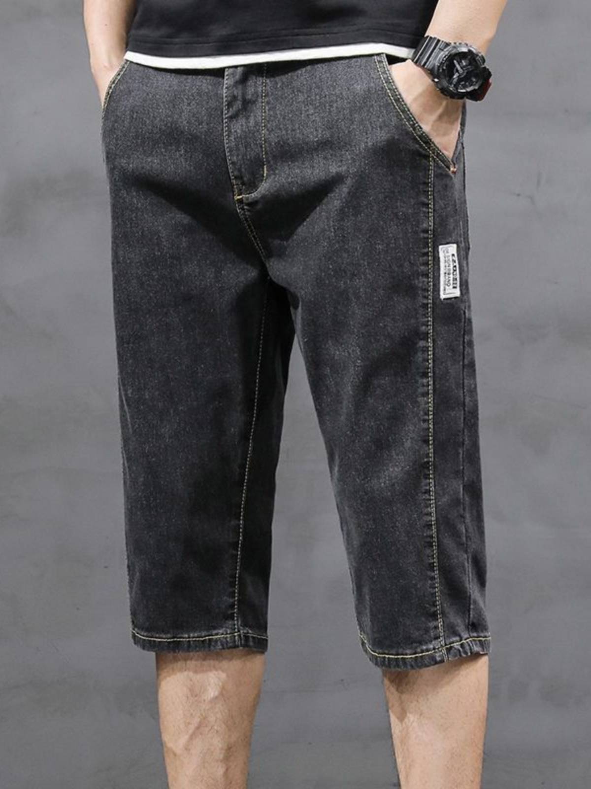 Summer thin blue men's loose straight tube seven -point denim shorts casual trendy youth stitching semi -horse pants