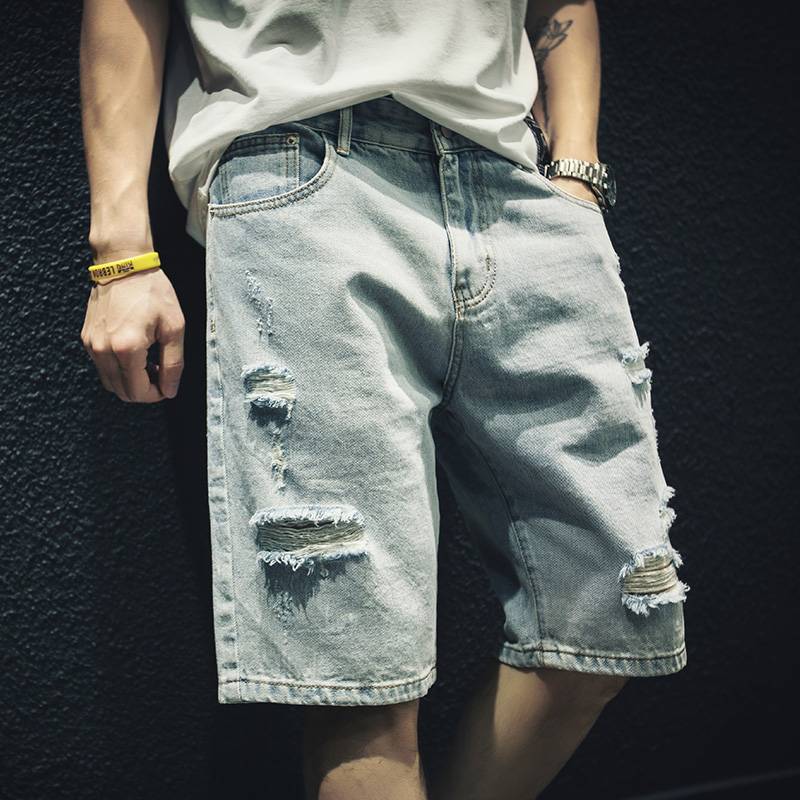 New product broken cave denim short pants men's loose trend W outside wearing five -point pants tide brand large size mid -size pants horse pants tide summer