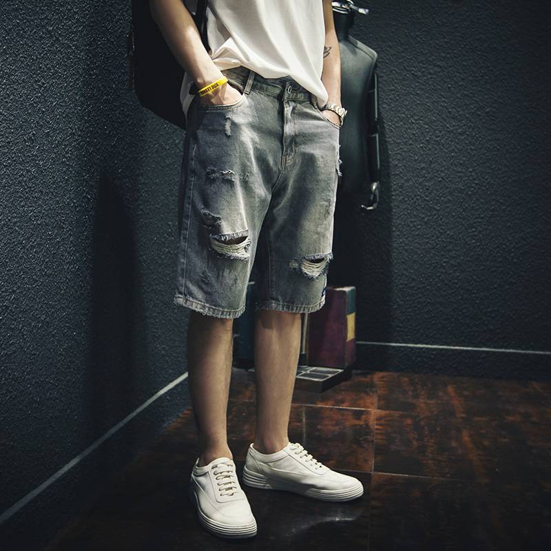 New product broken cave denim short pants men's loose trend W outside wearing five -point pants tide brand large size mid -size pants horse pants tide summer