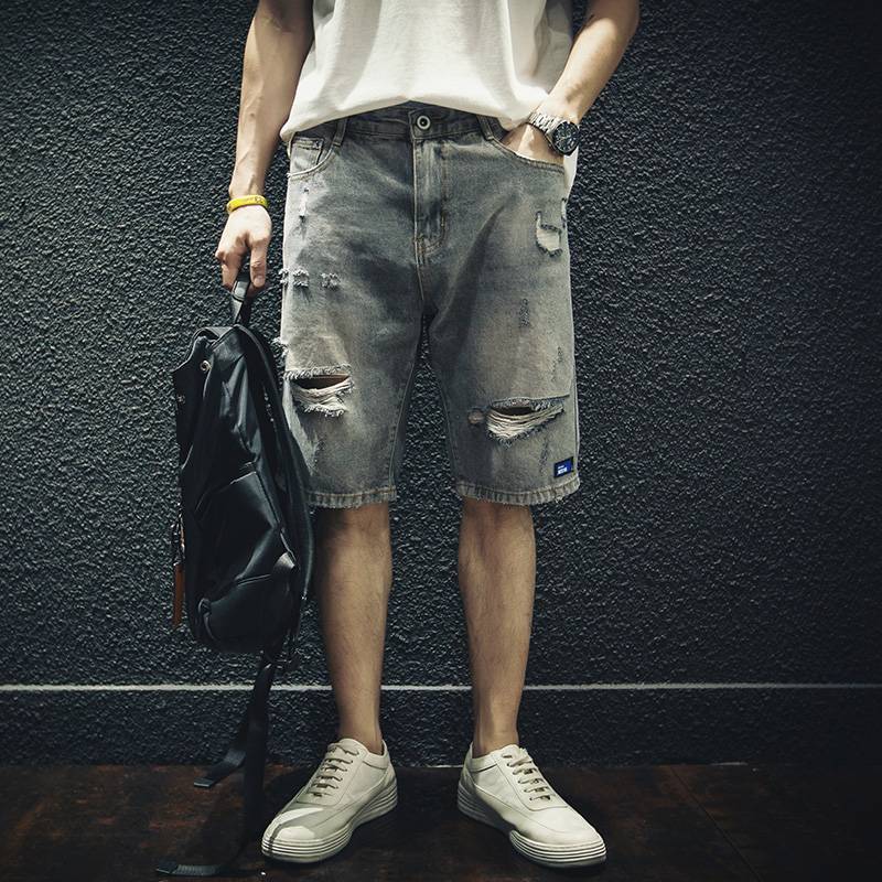 New product broken cave denim short pants men's loose trend W outside wearing five -point pants tide brand large size mid -size pants horse pants tide summer