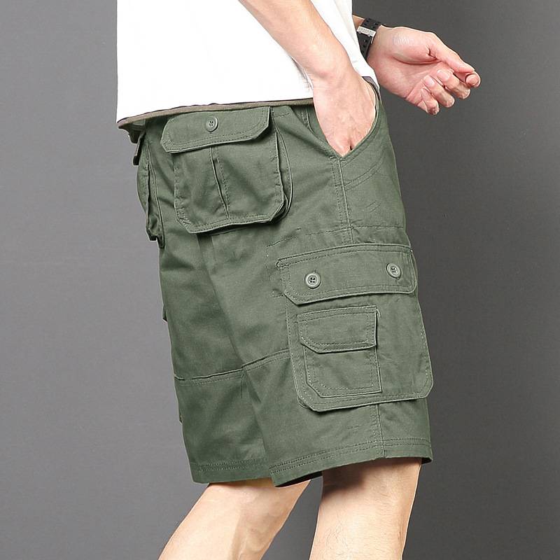 Summer dad is tie belt workers shorts multi -pocket pure cotton pants middle -aged men's loose straight pants pants