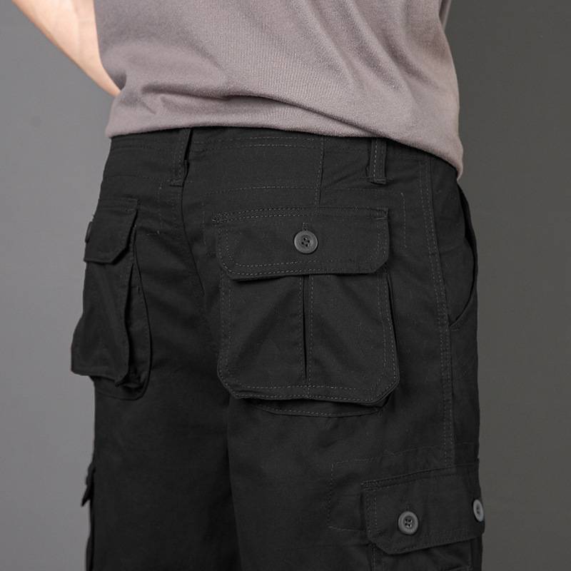Summer dad is tie belt workers shorts multi -pocket pure cotton pants middle -aged men's loose straight pants pants