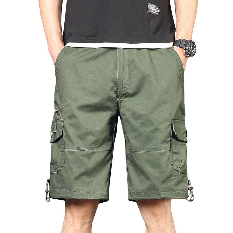 Summer dad is tie belt workers shorts multi -pocket pure cotton pants middle -aged men's loose straight pants pants