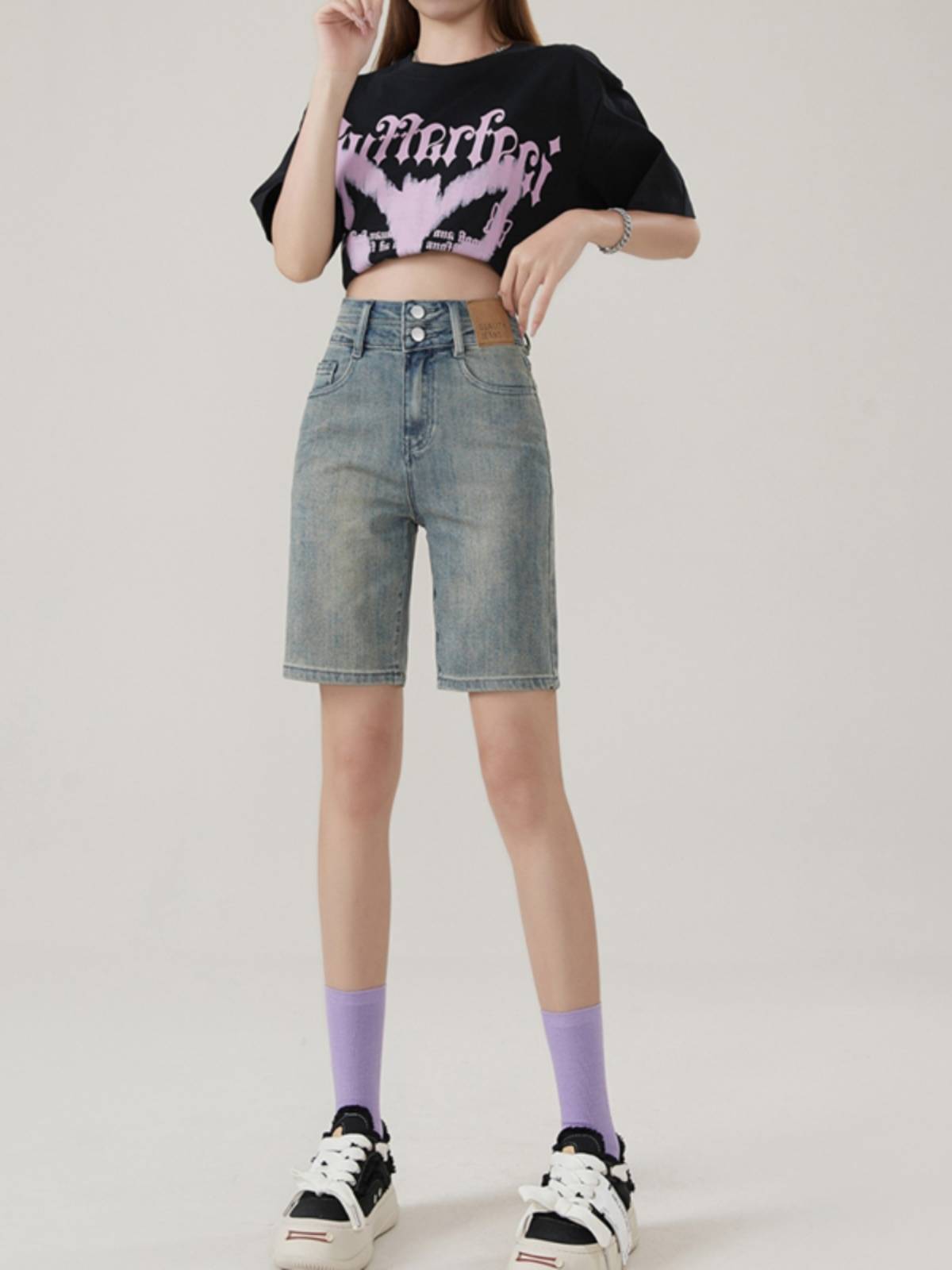 Denim hexal pants women's pants pants summer thin mid -pants high waist thin horse pants straight pants pants elastic cycling shorts