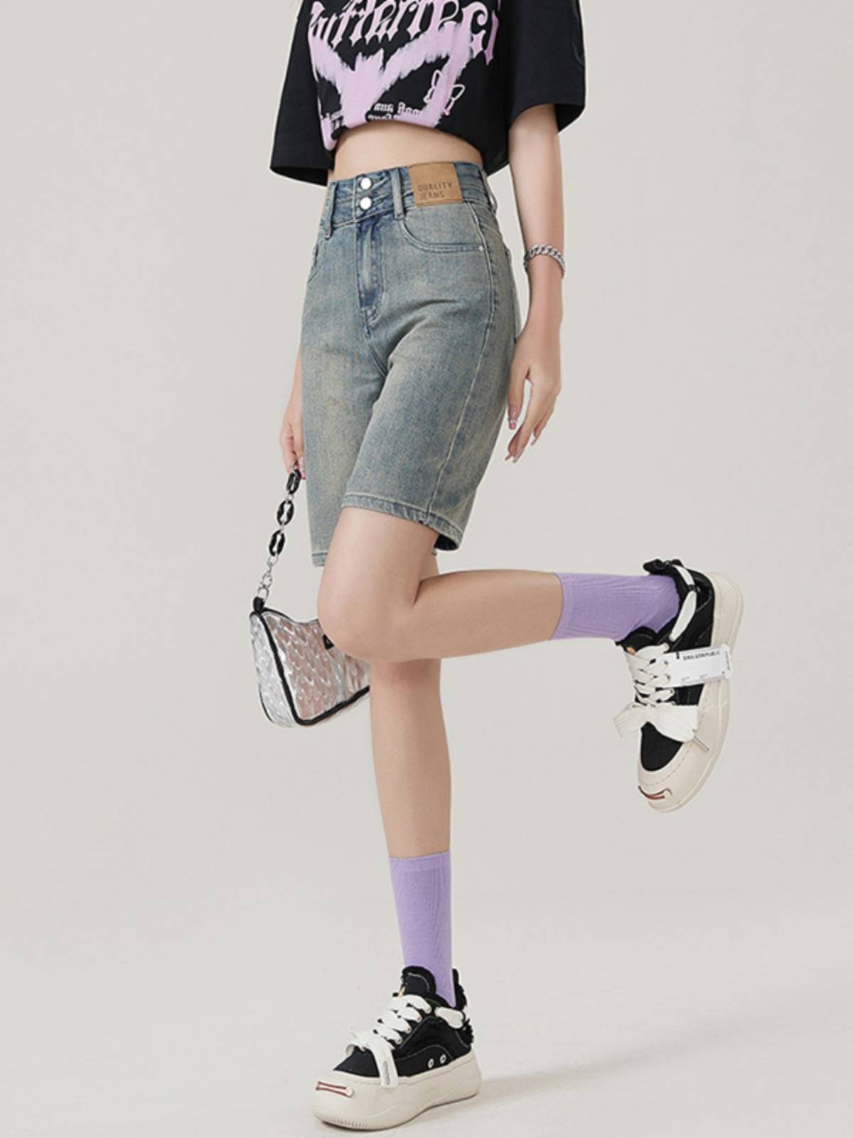 Denim hexal pants women's pants pants summer thin mid -pants high waist thin horse pants straight pants pants elastic cycling shorts