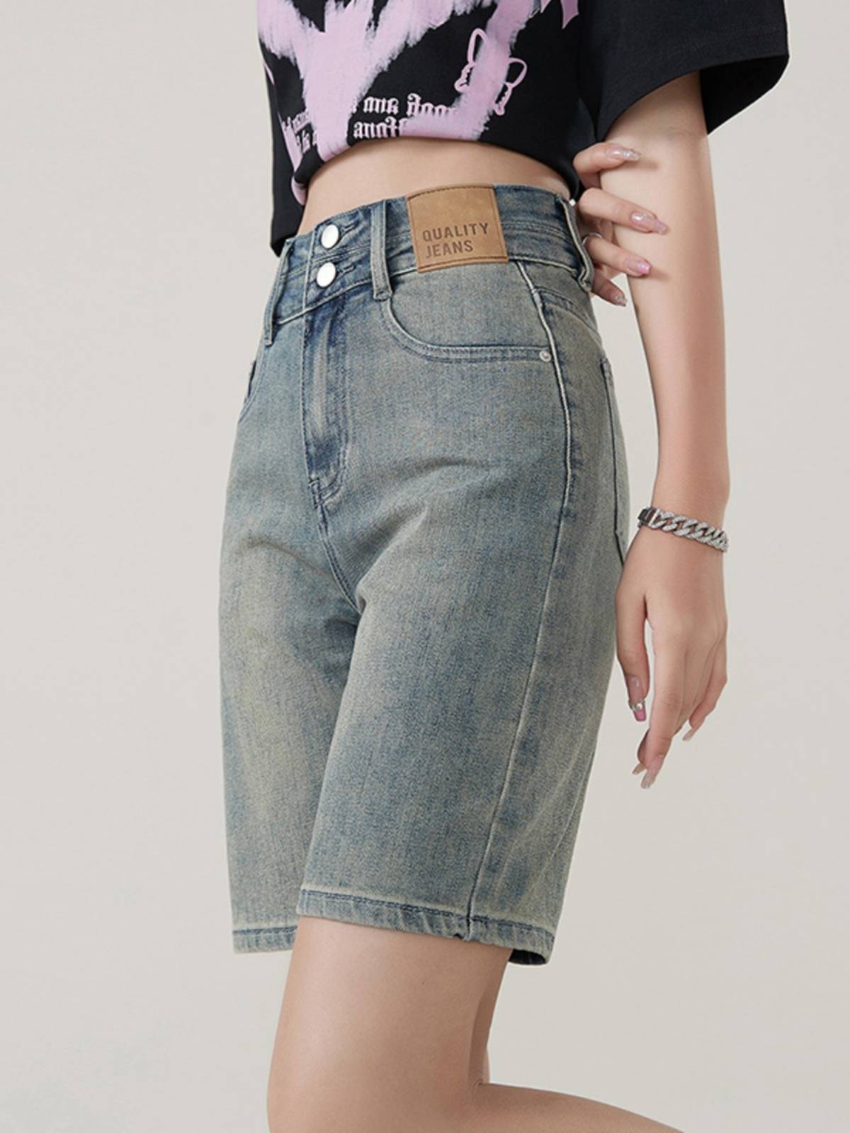Denim hexal pants women's pants pants summer thin mid -pants high waist thin horse pants straight pants pants elastic cycling shorts